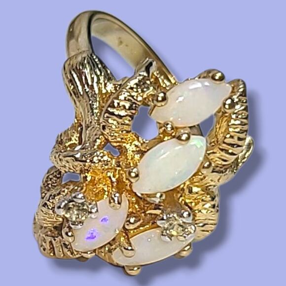 Vintage 18K HGE Gold Plated 4 White Opals & CZ Cocktail Ring Size 4.5 - Picture 15 of 16